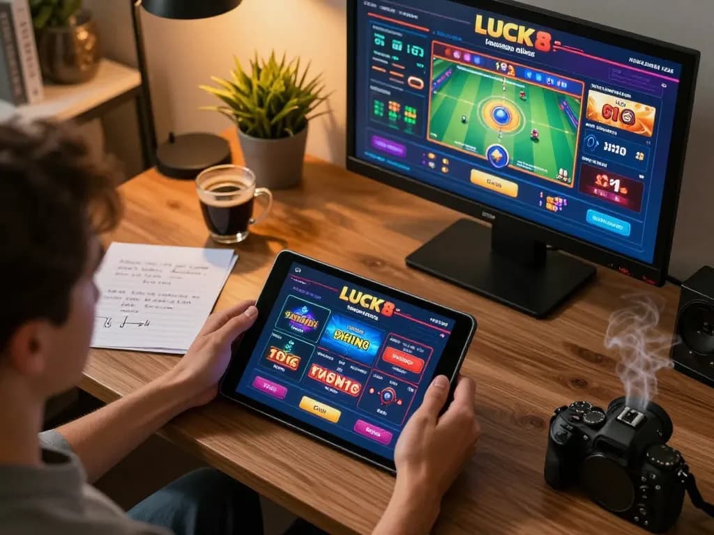 Cá nhân tham gia chiến lược chơi LUCK8 với máy tính bảng và ghi chú trong thiết lập trò chơi thoải mái.