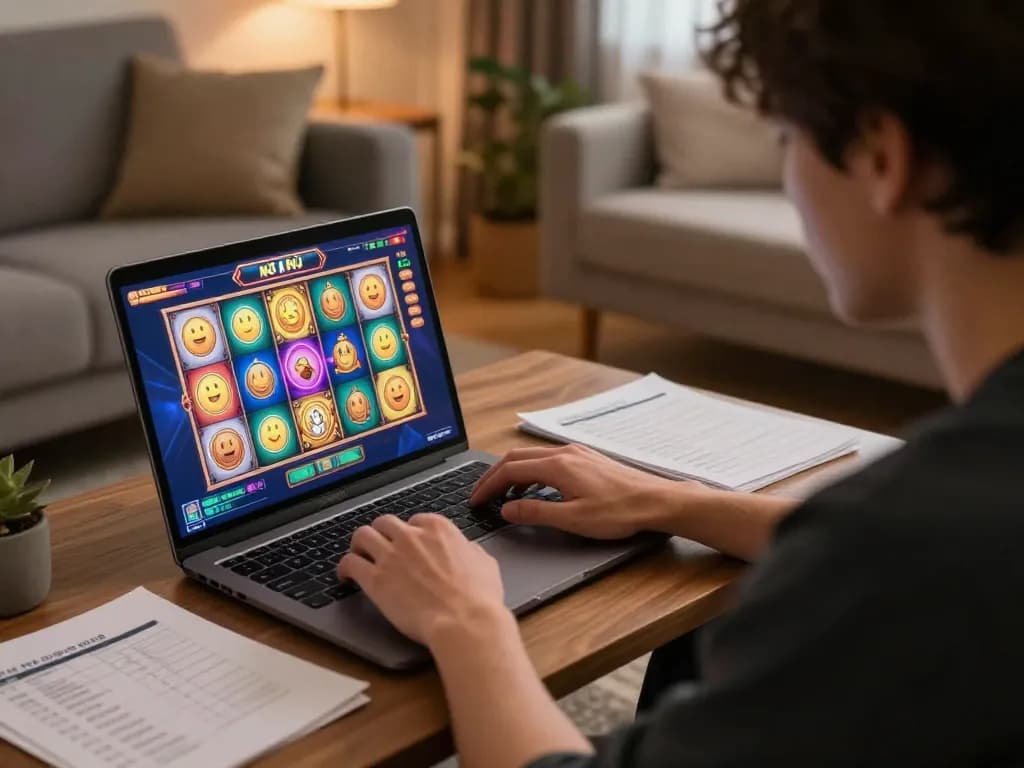 Player engaging in nổ hũ online slot games in a cozy living room.