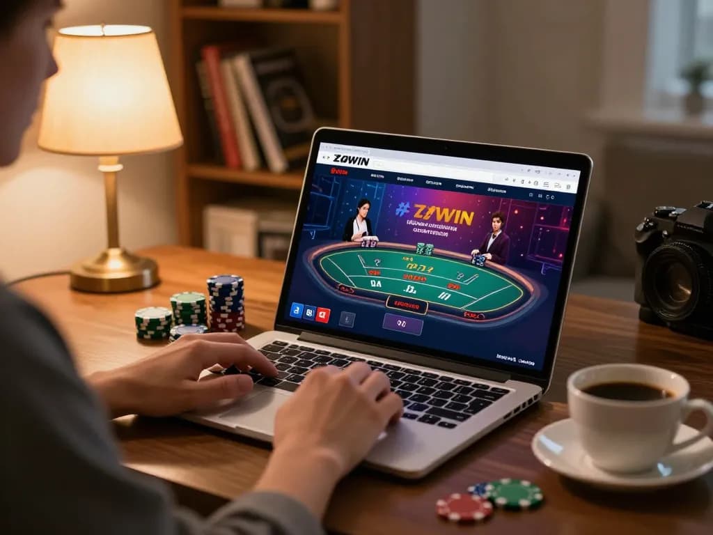 Engaging online gambling scene with a player enjoying #zowin blackjack at home.