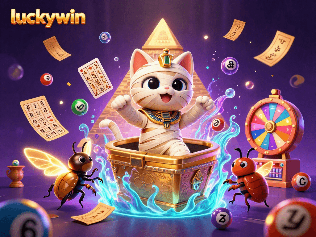 Engage in luckywin gaming with the Egyptian mummy cat and glowing scarab beetle amidst dynamic casino visuals.