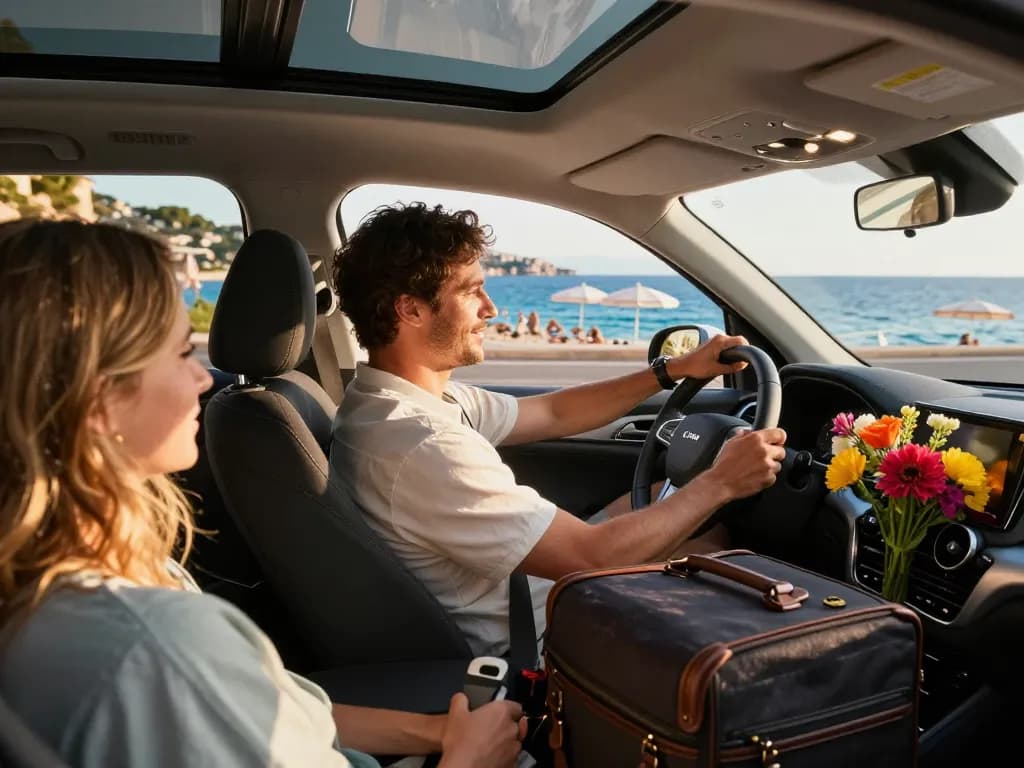 Passagers de Taxi à Saint-Tropez profitant d'une course luxueuse avec des vues pittoresques de la Côte d'Azur.