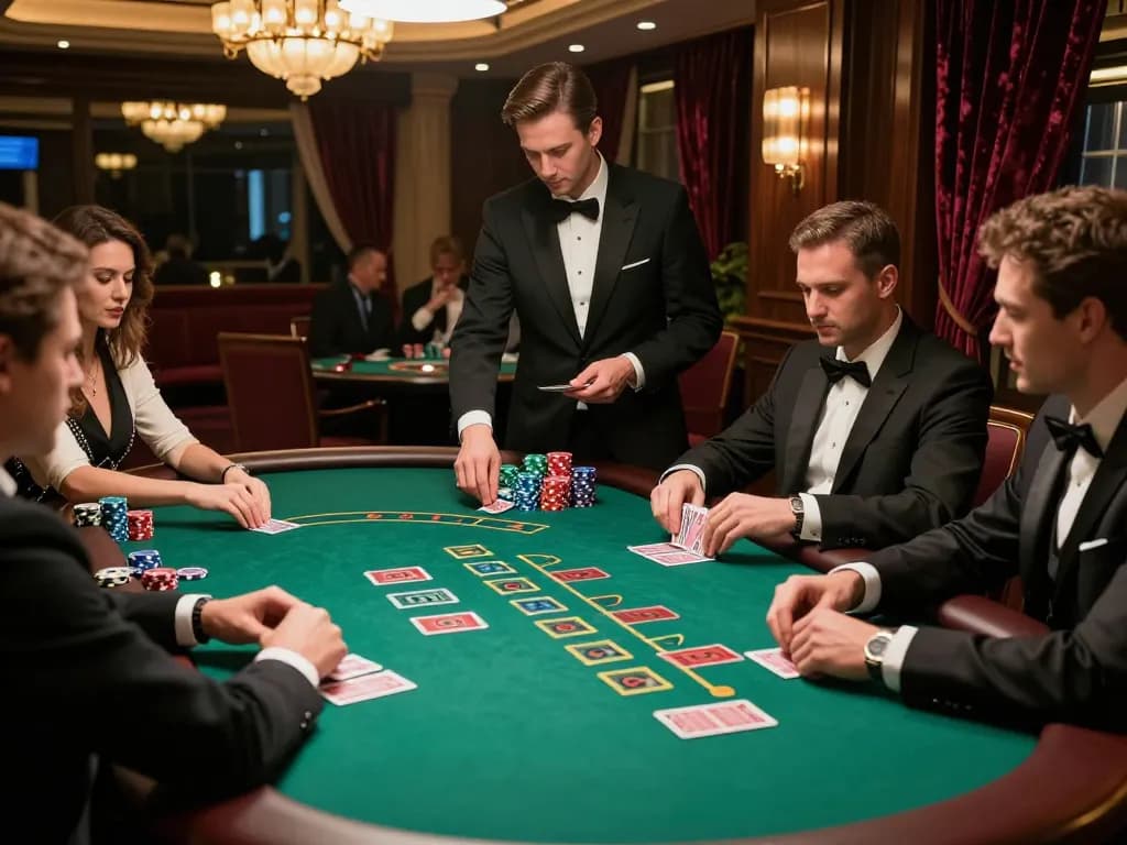 Players strategizing at blackjack table showcasing excitement and luxury at 8kbet com.