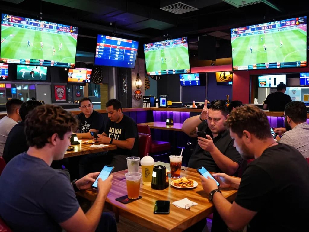 Sbo top sports betting scene in an energetic bar with patrons checking apps and watching live games.