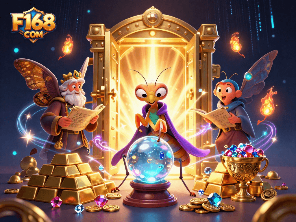 Experience the thrill of F168 COM with vibrant casino-themed artwork and mystical characters.
