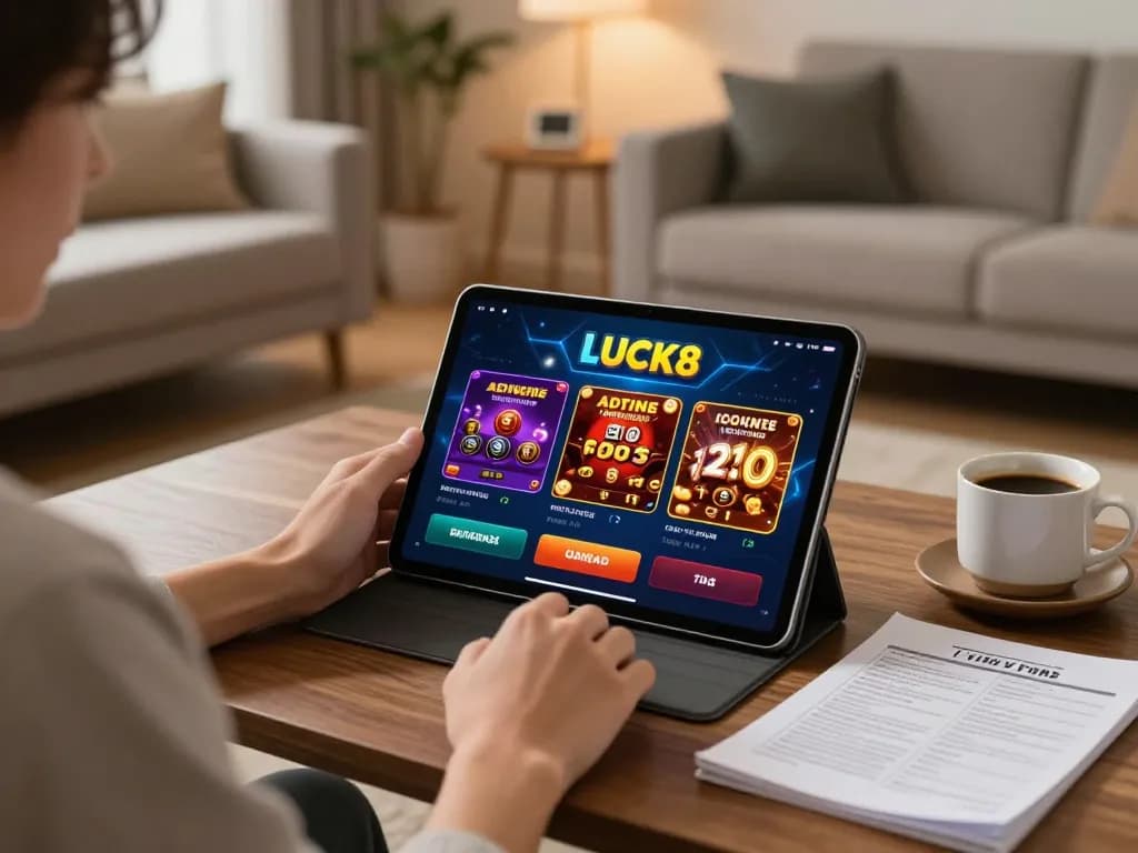 Experience engaging gameplay on LUCK8 with tablet displaying exciting casino options in cozy setting.