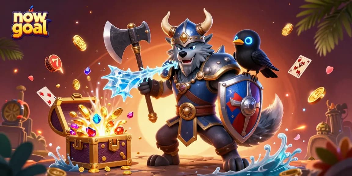 Experience thrilling gameplay with now goal featuring a Viking warrior, dragon, and casino elements.