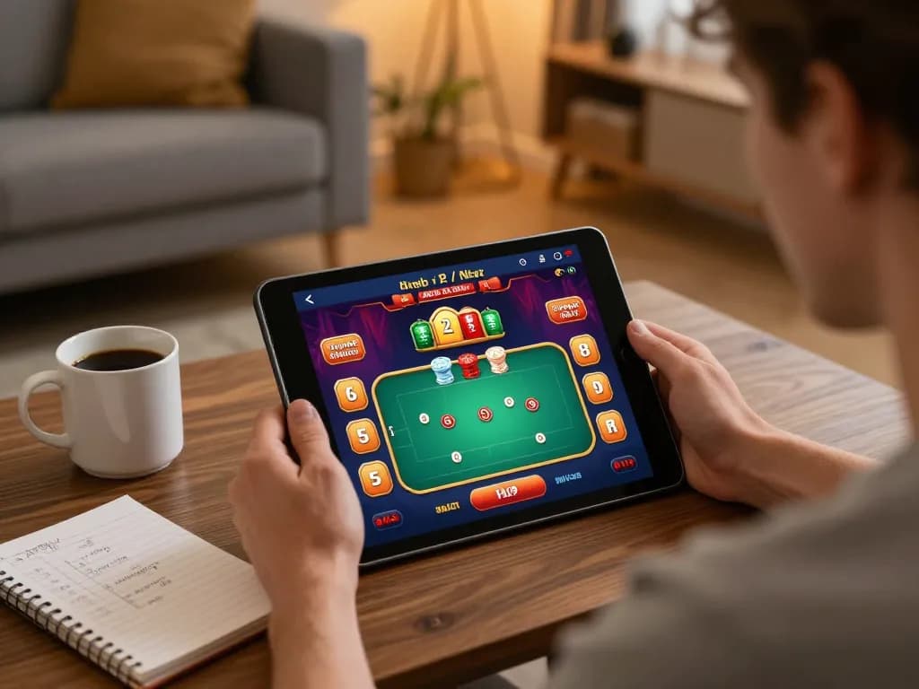 Player engaging with 99ok casino app on tablet in a cozy home setting, emphasizing responsible gaming.