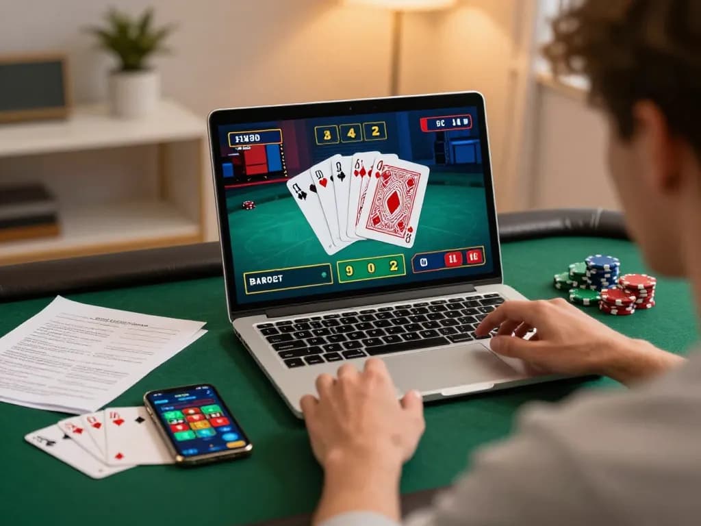 Engaging in online poker at home with 98wincom on a laptop, showcasing strategy and personal enjoyment.