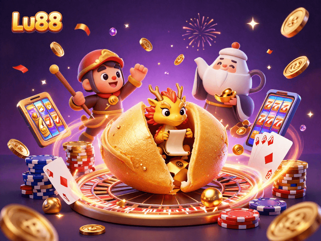 Experience the excitement of Lu88 with animated casino elements, coins, and characters.