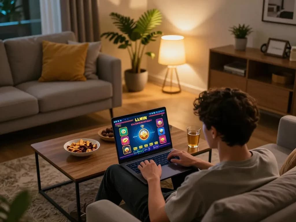 Engaged player using the LLWIN online casino interface in a cozy home setting, enhancing the gaming experience.