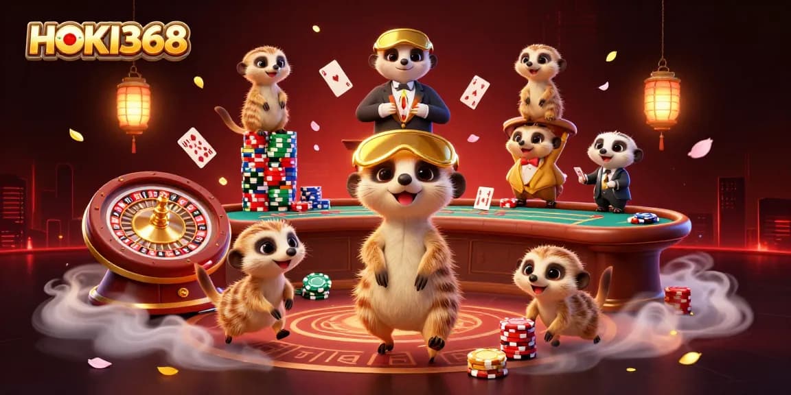 HOKI368 meerkats running an extravagant casino operation with dynamic game elements surrounding them.