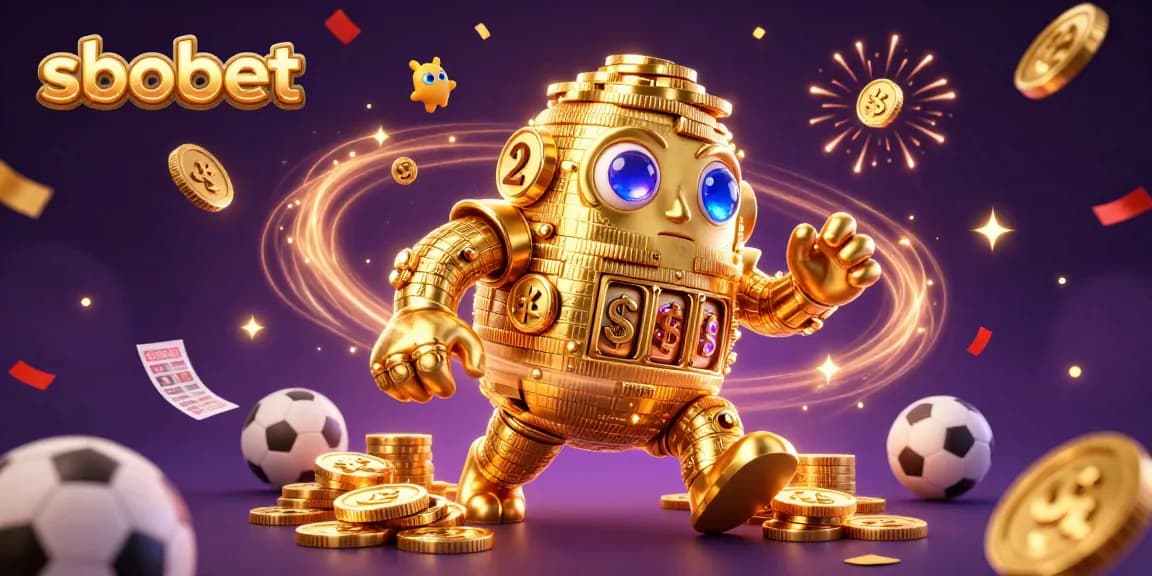 Experience sbobet sports betting strategies with a dynamic golem amidst colorful sports elements.
