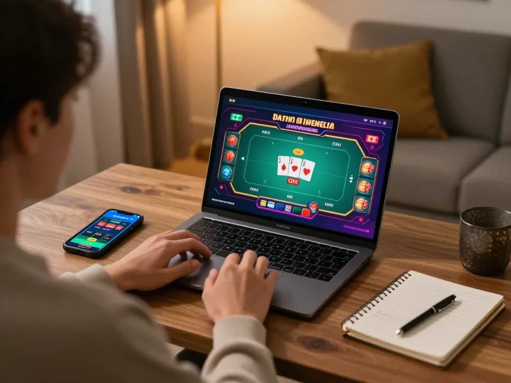 Player enjoying rik vip online gaming session with a vibrant poker table on laptop screen.