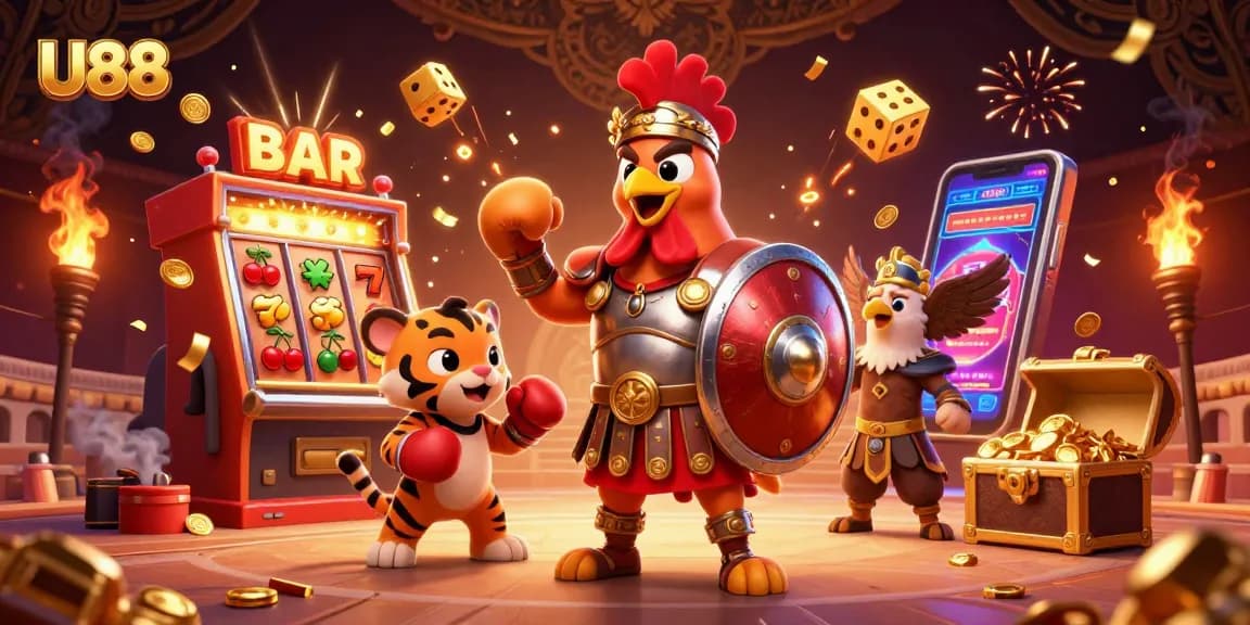 Experience U88 with a lively illustration of a gladiator rooster and tiger cub, capturing the excitement of casino gaming.