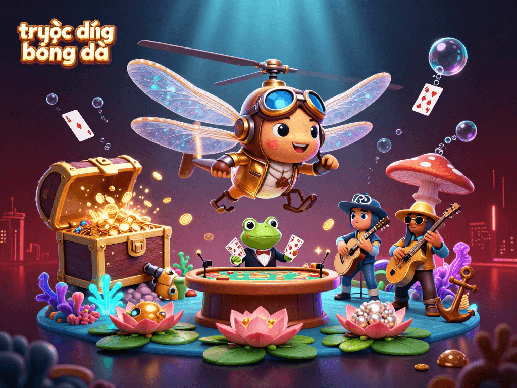 Experience trực tiếp bóng đá at a lively lily pad casino, featuring a dragonfly pilot, frog croupier, and more.
