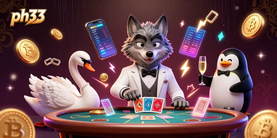 ph33 players enjoy a vibrant baccarat scene with a debonair wolf, elegant swan dealer, and sophisticated penguin sommelier