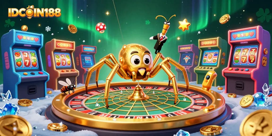 Engage with IDCOIN188's vibrant casino scene featuring a spider dealer and immersive gaming elements.