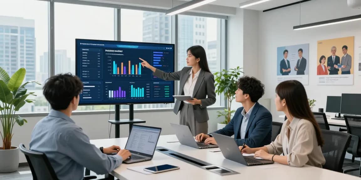 business it support services team collaborating in a modern office environment with digital data displays
