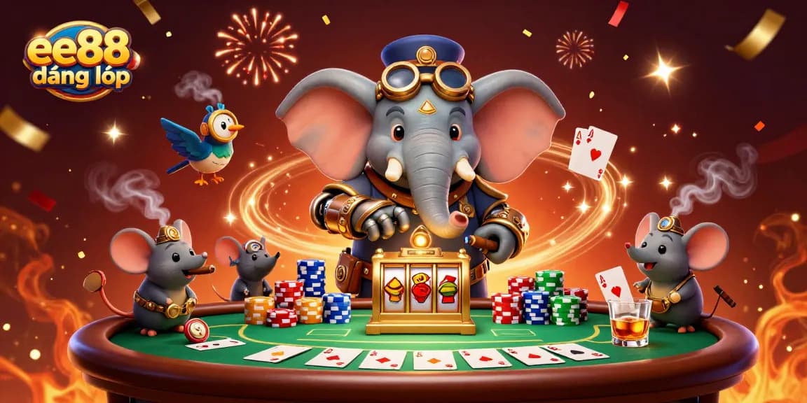 Experience ee88 đăng nhập with a cartoon elephant engineer at a vibrant casino scene filled with winnings.