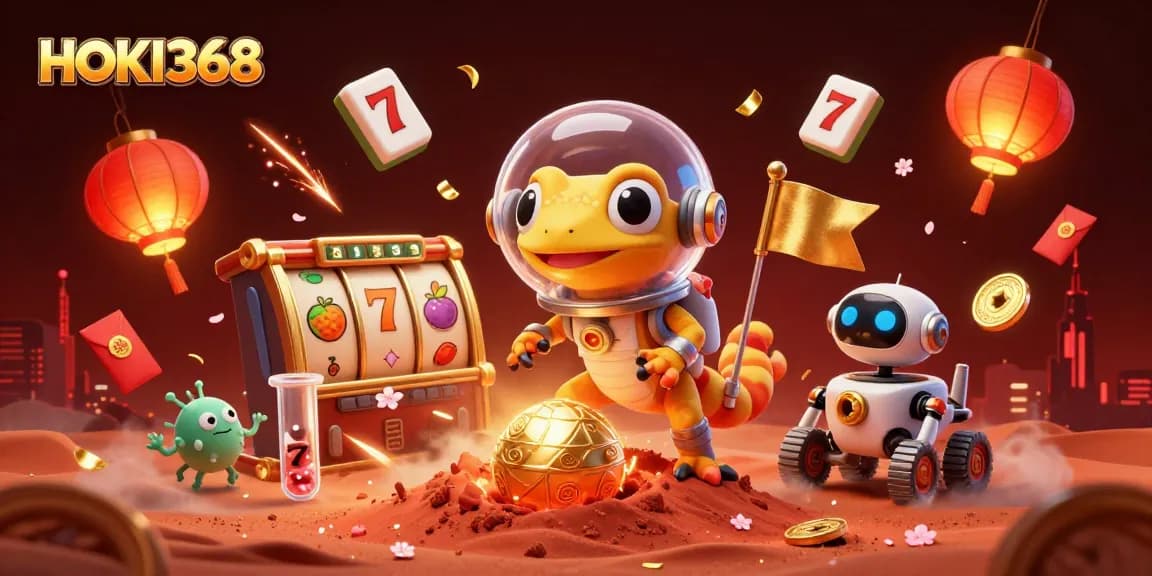 Experience the vibrant HOKI368 casino adventure with a Martian gecko and lucky 7 motifs, promoting playful gambling fun.