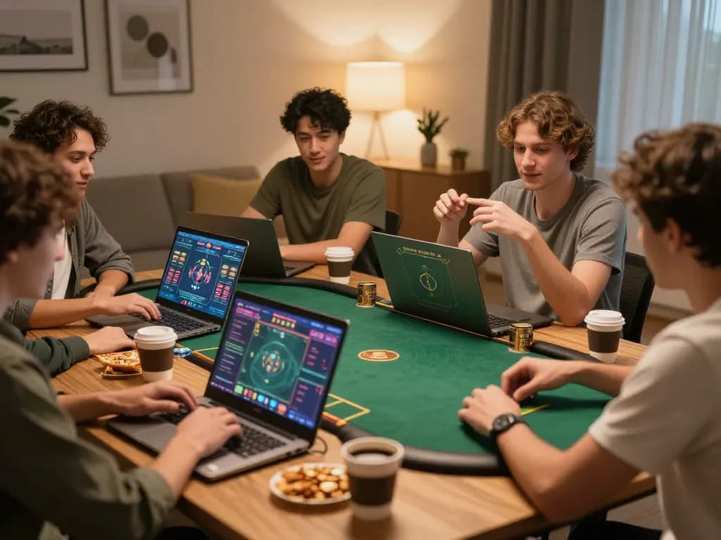 Players strategizing poker hands on laptops at home, showcasing F168 com interactive gaming.