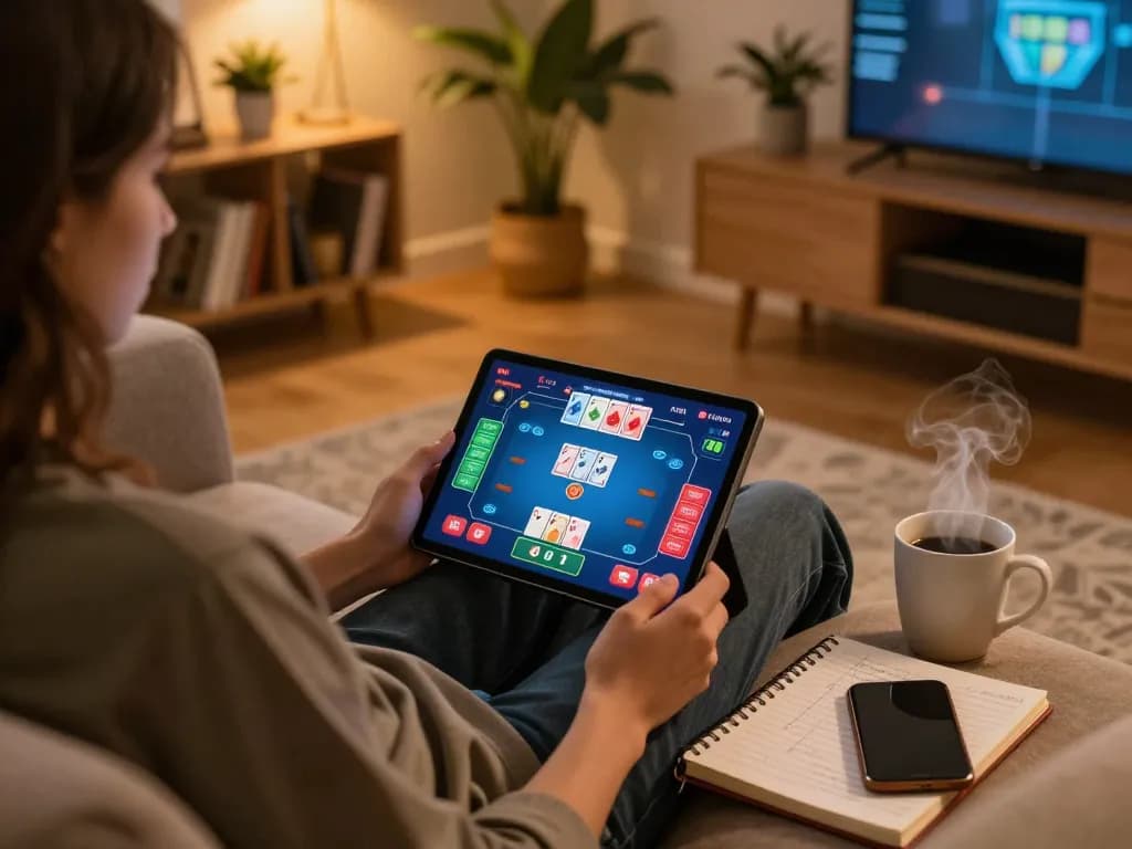 F168 thrilling poker gameplay on a tablet, featuring a cozy home gaming environment.