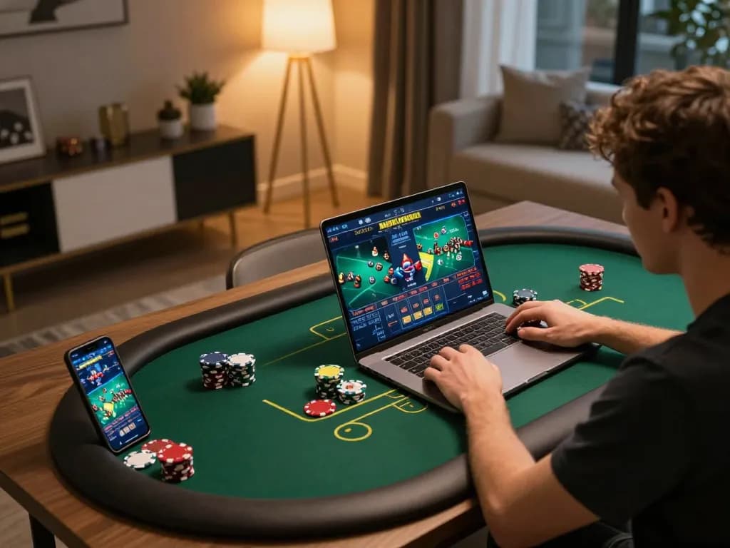 Player engaging in TR88 poker game on laptop while calculating bets at stylish home setup