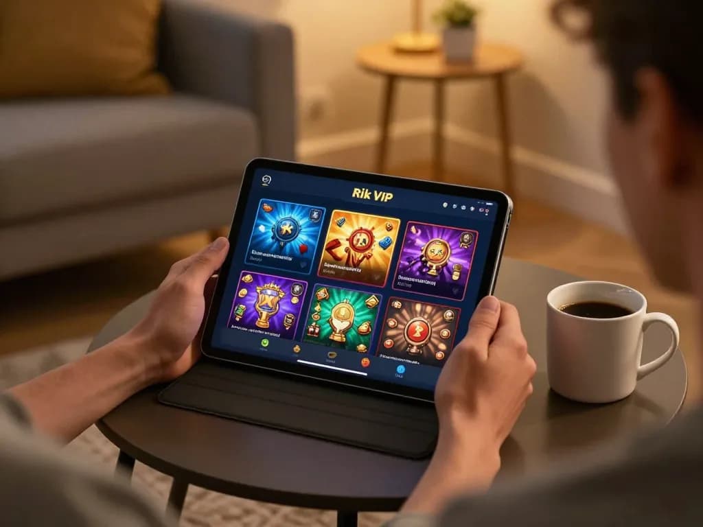 Player enjoying a thrilling game experience with Rik VIP casino app on tablet in a cozy setting