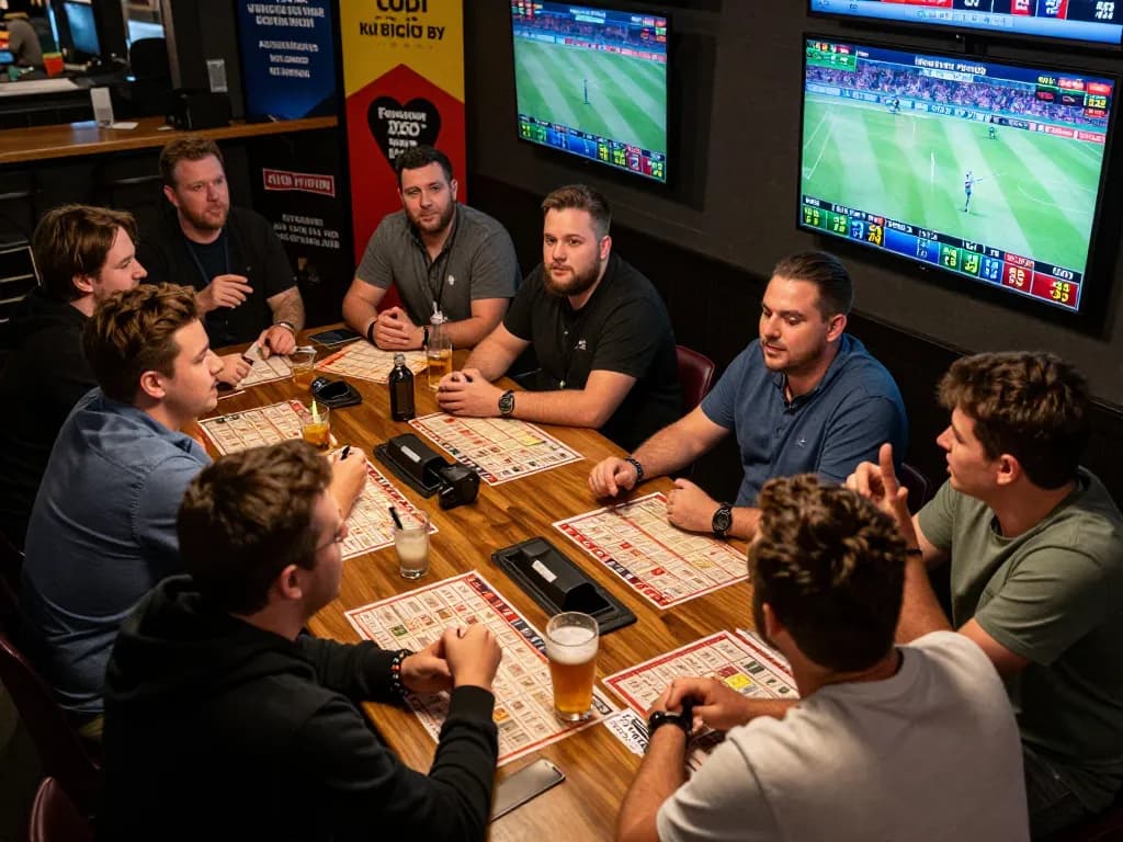 Friends actively placing bets on nk888 during a live sports event at a vibrant betting venue