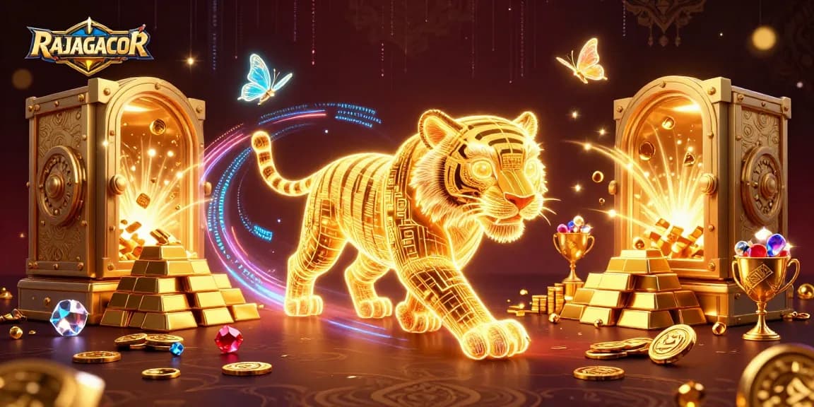 Menangkan jackpot di RAJAGACOR dengan simbol slot yang mengelilingi harimau emas bercahaya.