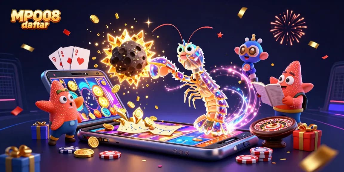 MPO08 daftar reveals a vibrant 3D scene of a galactic samurai shrimp bursting asteroids, surrounded by a colorful slot game and sparkling coins.