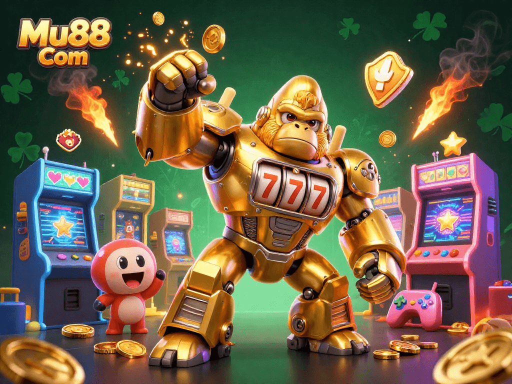 Engage with Mu88 Com through exciting slots, featuring a golden gorilla mech and animated gaming elements.