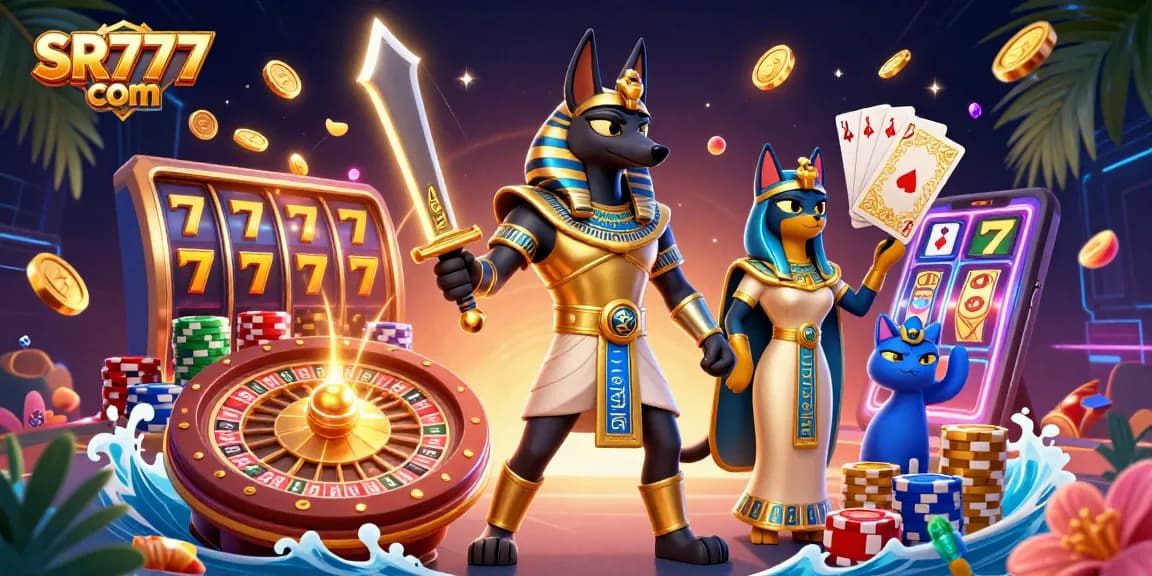 Menang besar dengan SR777 com di ilustrasi kasino yang hidup ini menampilkan pejuang Mesir dan gulungan slot.