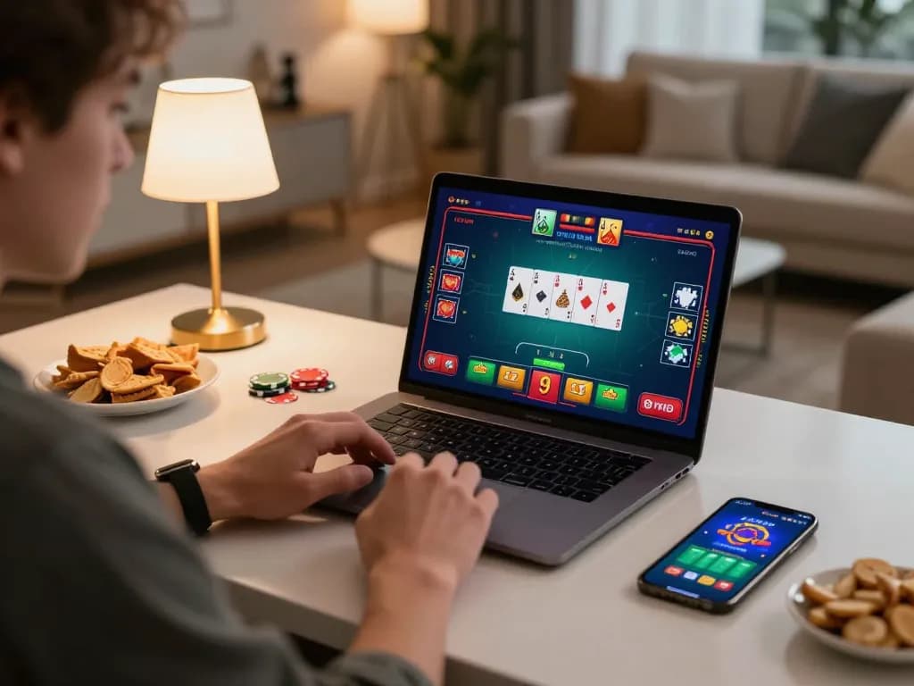 Engaged player at home using laptop for top game bài đổi thưởng, showcasing poker game and strategic betting.