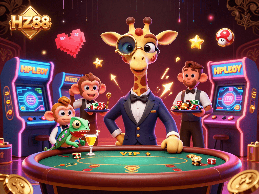 Experience HZ88 with a high-roller giraffe at a vibrant casino, showcasing poker action and dynamic gaming elements.