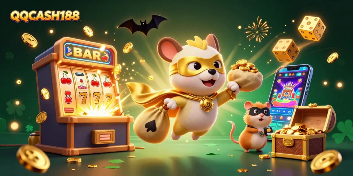 Win big with QQCASH188 in vibrant 3D casino scene featuring superhero themes and dynamic game elements.