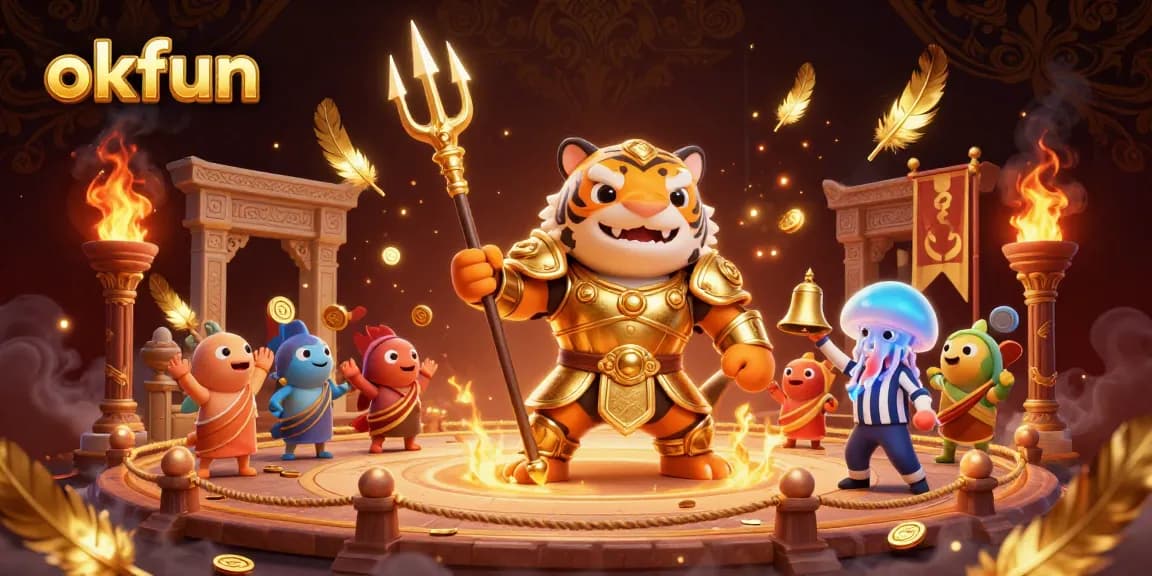 Play exciting games with okfun in a vibrant underwater casino atmosphere featuring energetic characters.