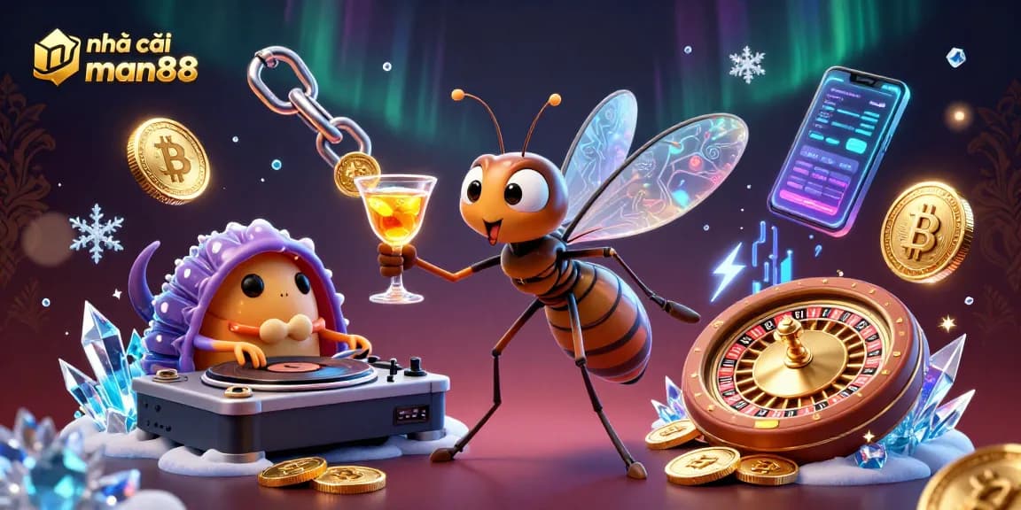 Engage with nhà cái man88 in a vibrant casino world filled with cryptocurrency elements and dynamic characters.