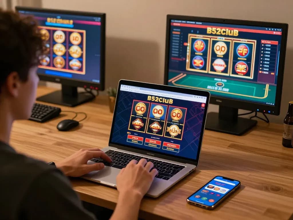 B52club online gaming session with a laptop displaying casino games, conveying strategic play.