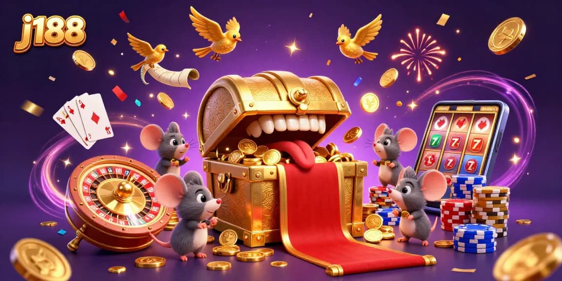 Join the excitement of j188 with a treasure chest and dazzling casino elements showcasing the ultimate gaming experience.