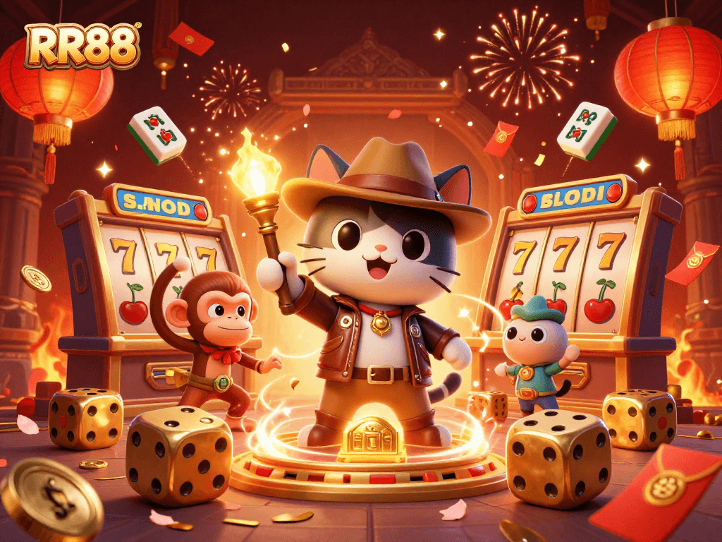 RR88 showcases an adventurer cat and monkey uncovering casino treasures amidst lively gaming elements.