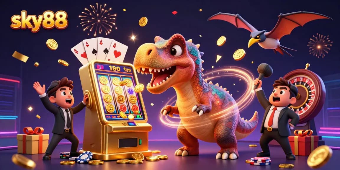 Sky88's pachycephalosaurus celebrating a slot machine jackpot amidst coins and casino elements.