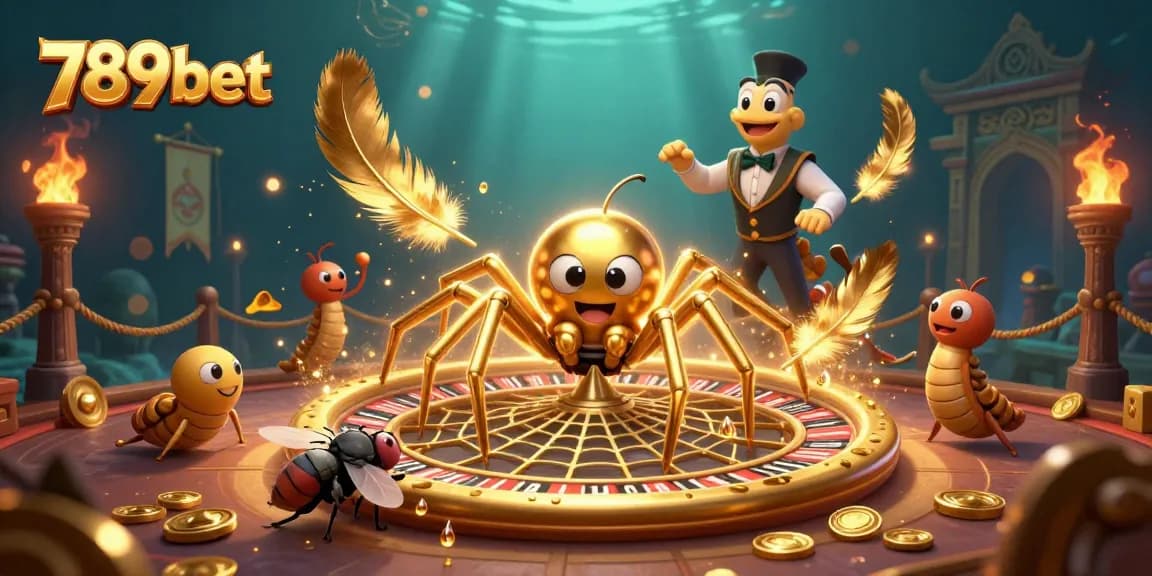 Bet with 789bet as a golden spider spins a roulette wheel in an exciting casino scene!