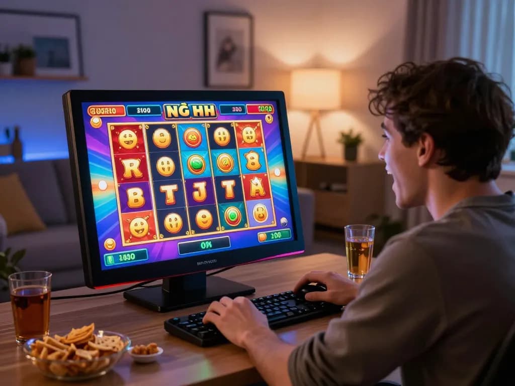 Player celebrates a winning spin on nổ hũ slot machine in a cozy home gaming setup.
