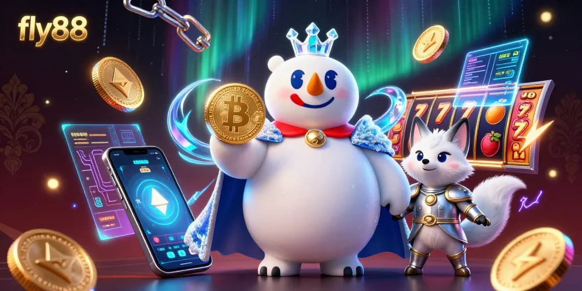 Experience fun gaming with fly88, featuring a 3D cartoon ice king polar bear and snow fox, surrounded by crypto coins and vibrant slot elements.