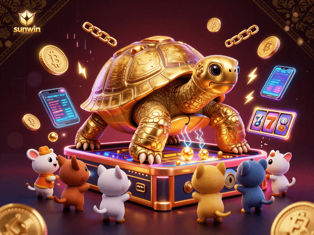 Experience thrilling excitement at sunwin with a 3D tortoise slot machine featuring Bitcoin and Ethereum.