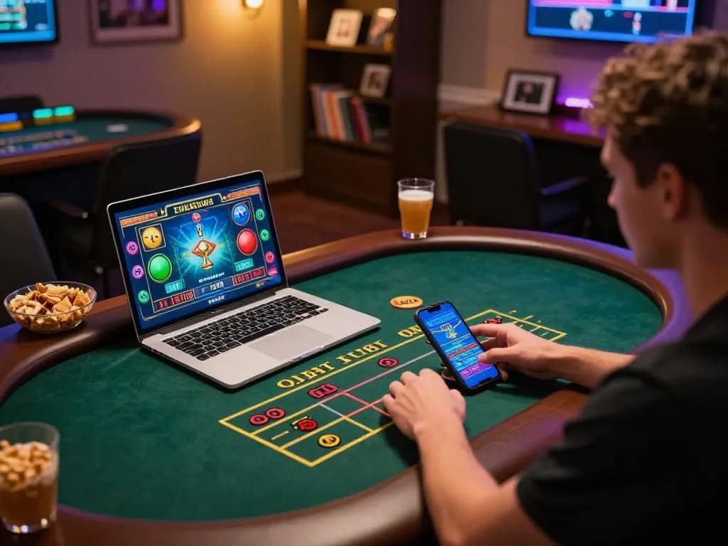 Player engaging in online casino game on 789club platform with laptop and smartphone
