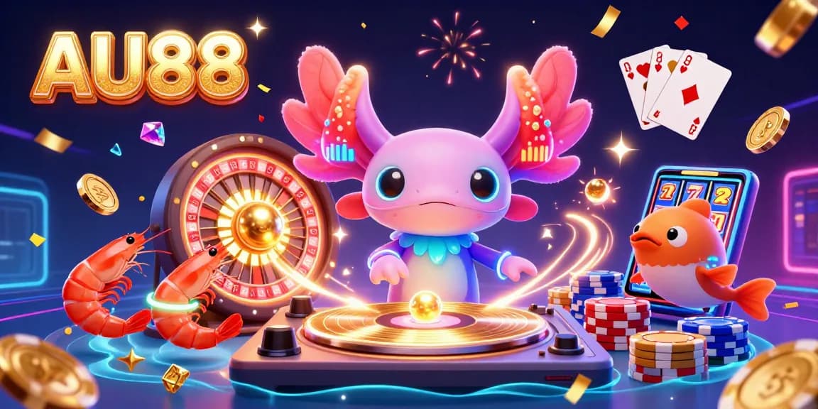 Experience the vibrancy of AU88 with a neon axolotl DJ and casino elements in this festive 3D illustration.