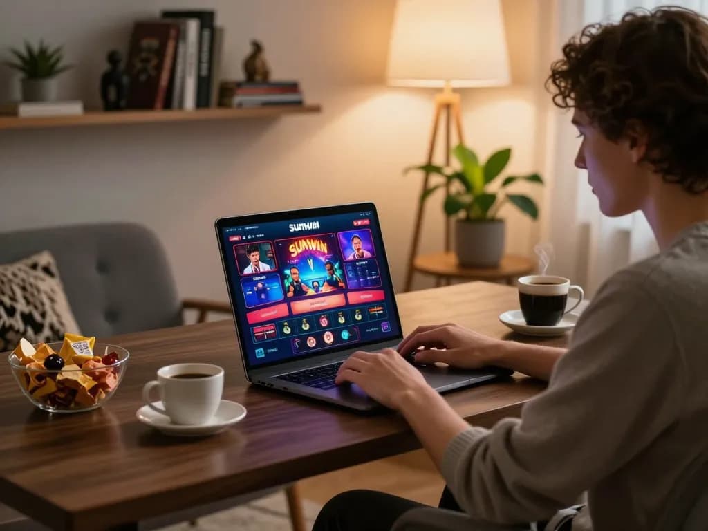 Person engaging with sunwin online casino platform on laptop in cozy home setting.