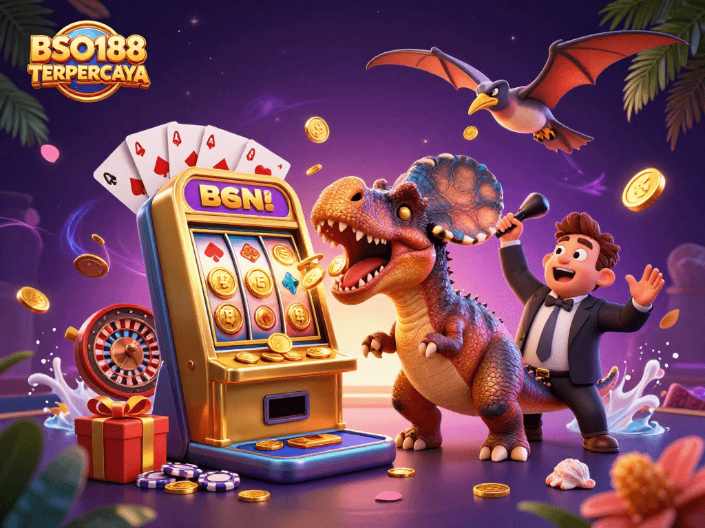 Experience excitement at BSO188 TERPERCAYA as cartoon characters bring action to slot jackpots and flying coins.